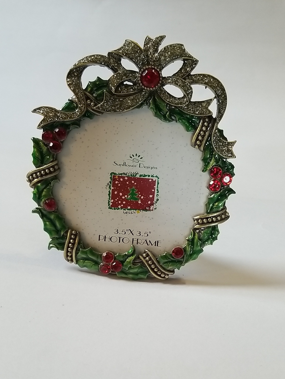 Christmas Wreath Photo Frame Green Enamel Leaves Rhinestone Berries Silver Bow